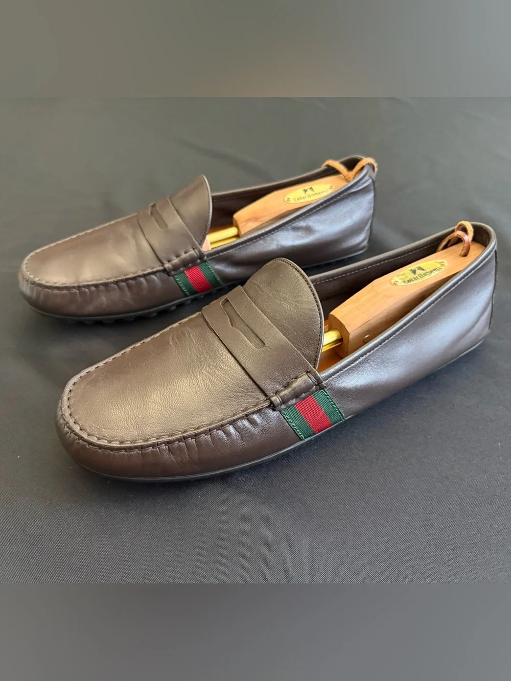 Classic Brown Gucci Leather Penny Loafers with Green-Red Accent Gucci Size 12D